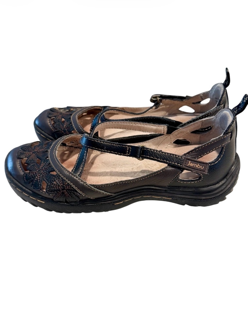 Jambu JBU Women's Brown Leather Floral Cutout Mary Jane Flats - Size: 7 - Picture 4 of 9